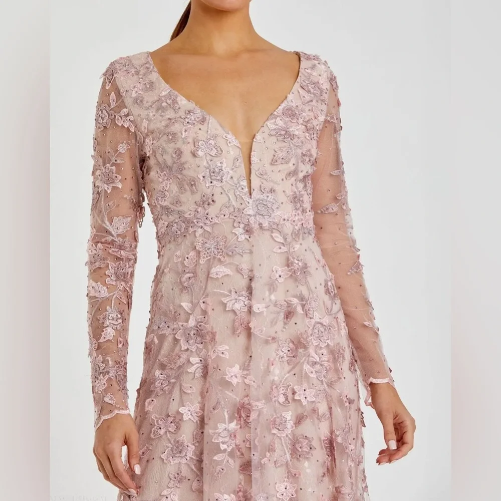 Mac Duggal Pink Floral Applique Long Sleeve Illusion Gown Dress Size 8 NWT - Picture 5 of 15